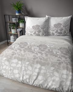Pościel satyna bawełniana beżowo biała 160x200 w kwiaty i liście Home Satin
