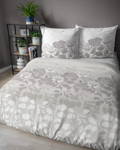 Pościel satyna bawełniana beżowo biała 160x200 w kwiaty i liście Home Satin