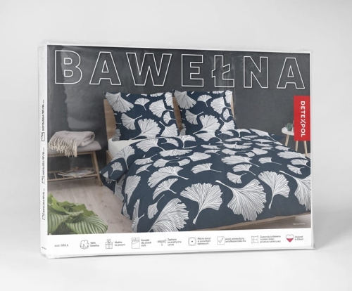 Pościel bawełniana 100% granatowa 160x200 w liście miłorzębu