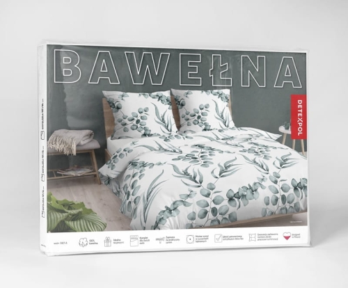Pościel bawełniana 100% biała 220x200 w zielone liście eukaliptusa