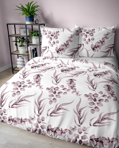 Pościel bawełniana 100% biała 160x200 w liście eukaliptusa w odcieniach różu 