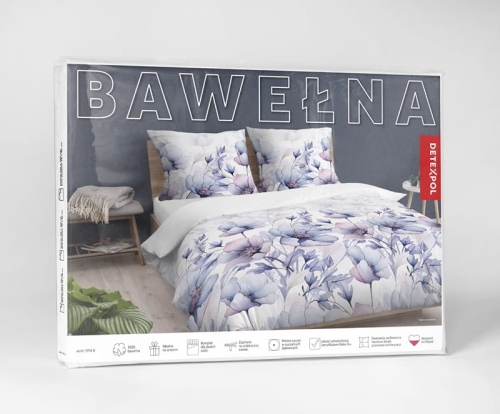 Pościel bawełniana 100% biała 220x200 w akwarelowe kwiaty w odcieniach różu i niebieskiego