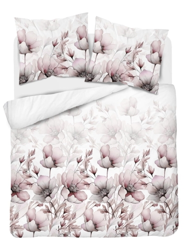 Pościel bawełniana 100% biała 160x200 w akwarelowe kwiaty w pastelowych odcieniach różu i beżu