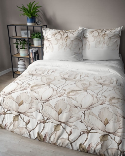 Pościel z satyny bawełnianej 160x200 Home Satin w beżowe magnolie 