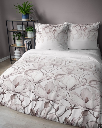 Pościel z satyny bawełnianej 160x200 Home Satin w różowo beżowe magnolie 