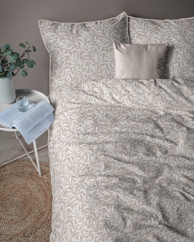 Pościel z perkalu beżowa 160x200 liście Lame Percale