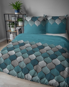 Komplet pościeli z satyny bawełnianej turkusowej 160x200 w geometryczny wzór