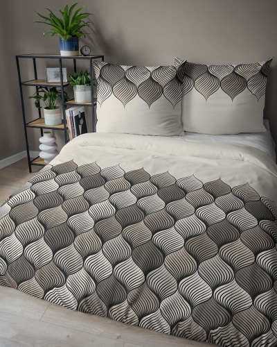 Komplet pościeli z satyny bawełnianej popielatej 160x200 w geometryczny wzór