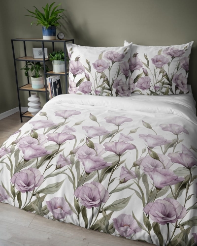Komplet pościeli z satyny bawełnianej 160x200 w fioletowe kwiaty eustomy  Home Satin