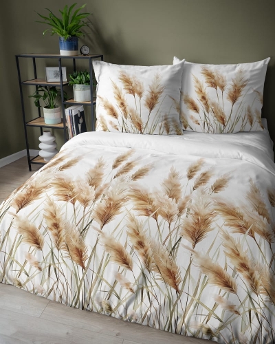 Komplet pościeli z satyny bawełnianej białej 160x200 w kłosy traw pampasowych Home Satin