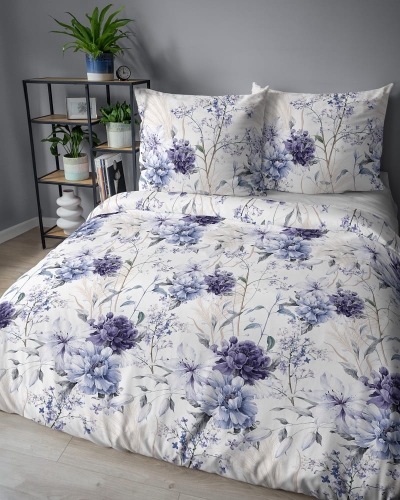 Komplet pościeli z satyny bawełnianej 160x200 w granatowe peonie i hortensje Home Satin