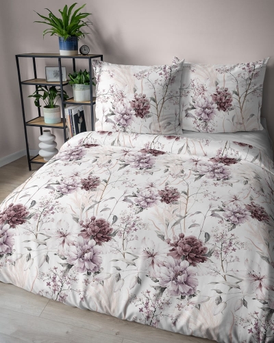 Komplet pościeli z satyny bawełnianej 160x200 w bordowe peonie i hortensje Home Satin