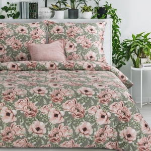 Komplet pościeli z bawełny satynowej oliwkowej Spring 220x200 w różowe kwiaty