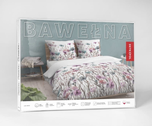 Pościel bawełniana biała 100% 220x200 w turkusowe i różowe kwiaty polne