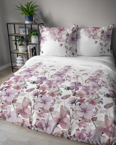 Komplet pościeli z satyny bawełnianej 160x200 w fioletowe i pudrowo różowe kwiaty Home Satin
