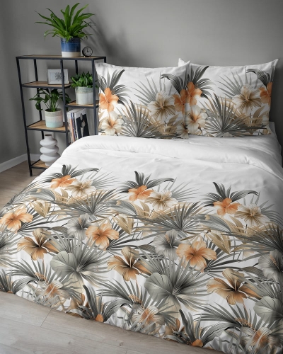 Komplet pościeli z satyny bawełnianej 220x200 w pomarańczowe hibiskusy Home Satin