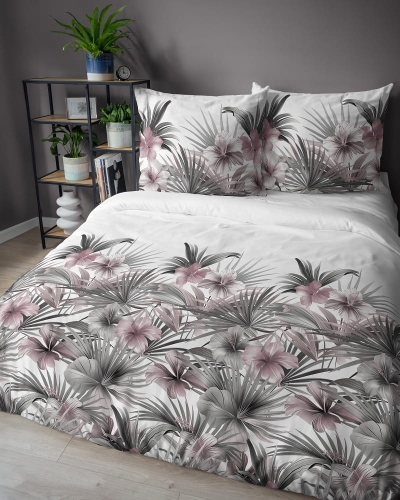 Komplet pościeli z satyny bawełnianej 160x200 w różowe hibiskusy Home Satin