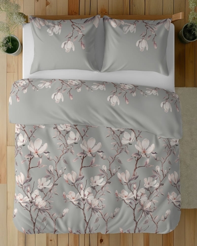 Komplet pościeli z satyny bawełnianej popielatej 160x200 w kwitnące magnolie Home Satin