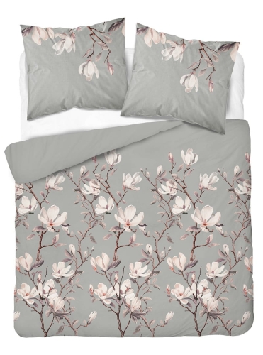 Komplet pościeli z satyny bawełnianej popielatej 160x200 w kwitnące magnolie Home Satin