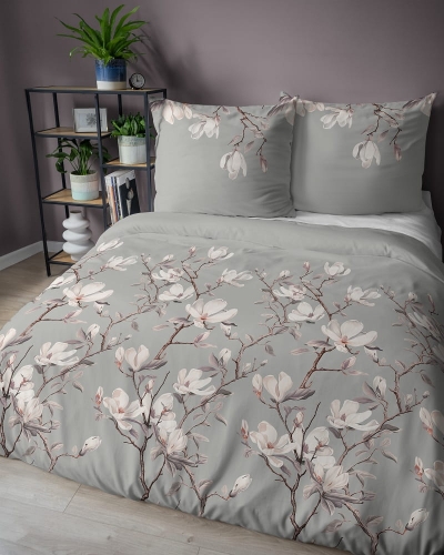 Komplet pościeli z satyny bawełnianej popielatej 220x200 w kwitnące magnolie Home Satin