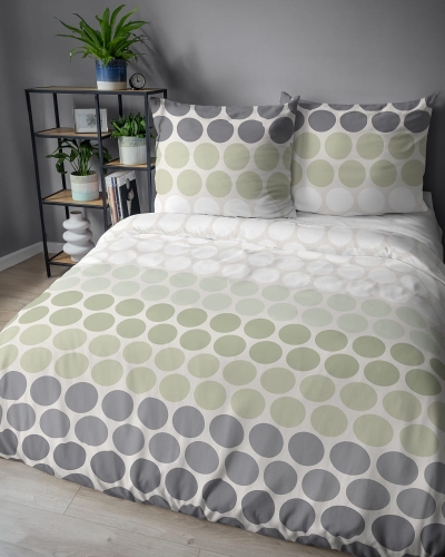 Komplet pościeli z satyny bawełnianej 220x200 w zielone i popielate kropki Home Satin