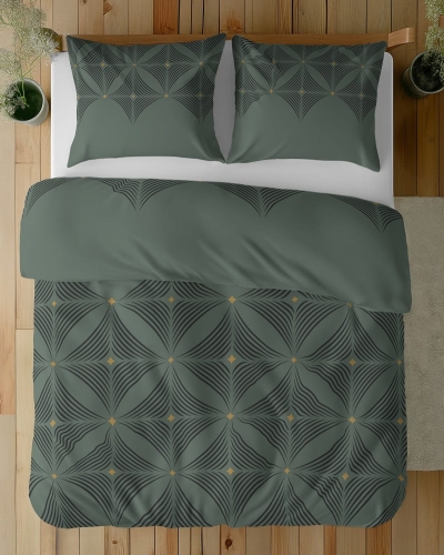 Komplet pościeli z satyny bawełnianej zielonej 160x200 w geometryczny wzór Home Satin