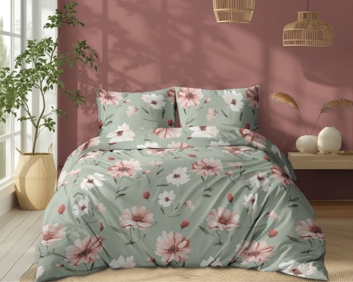Pościel bawełniana pastelowo zielona 100% 160x200 kwiaty