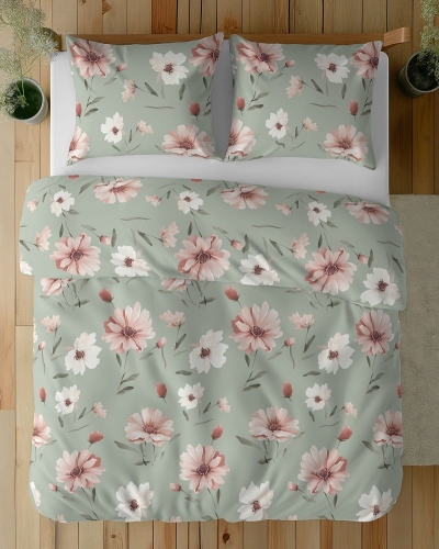 Pościel bawełniana pastelowo zielona 100% 220x200 kwiaty