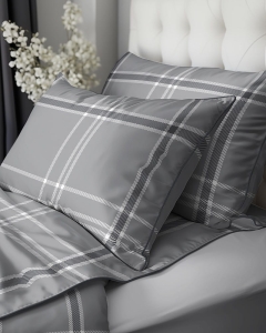 Pościel z perkalu 160x200 Klasyczna Popielata Krata Lame Percale