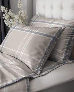 Pościel z perkalu 160x200 Klasyczna Beżowa Krata Lame Percale