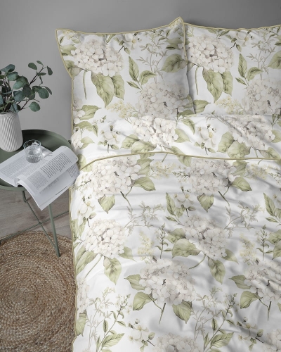 Pościel z perkalu 160x200 Kremowe Hortensje Lame Percale