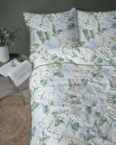 Pościel z perkalu 160x200 Błękitna W Hortensje Lame Percale 