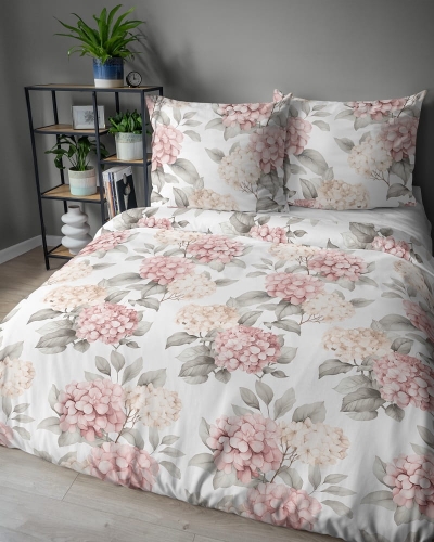 Komplet pościeli z satyny bawełnianej 140x200 w pastelowe różowe hortensje Home Satin