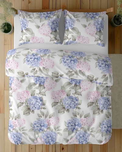 Komplet pościeli z satyny bawełnianej 220x200 w błękitne hortensje Home Satin