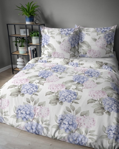 Komplet pościeli z satyny bawełnianej 220x200 w błękitne hortensje Home Satin
