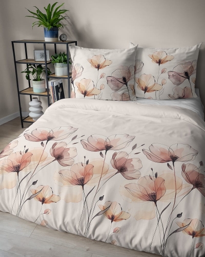 Komplet pościeli z satyny bawełnianej kremowej 220x200 w maki