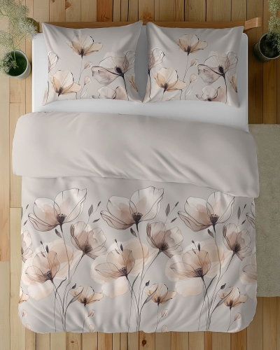 Komplet pościeli z satyny bawełnianej 220x200 w beżowe maki