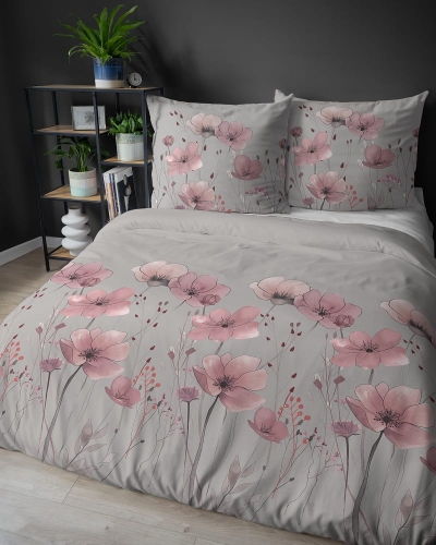 Komplet pościeli z satyny bawełnianej 220x200 w różowe maki