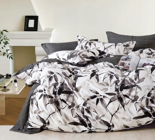 Komplet pościeli z bawełny satynowej 160x200 czarno szare liście