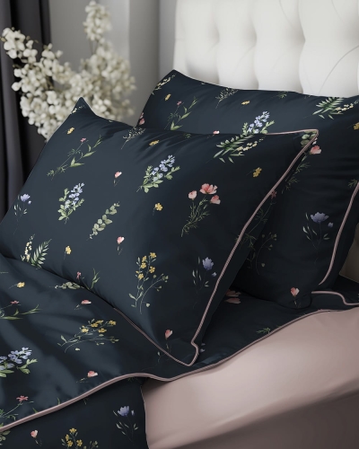 Pościel z perkalu granatowa 160x200 Polne Kwiaty Lame Percale