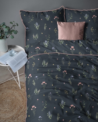 Pościel z perkalu granatowa 220x200 Polne Kwiaty Lame Percale
