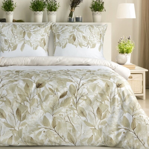 Komplet pościeli z bawełny satynowej w liście Spring 140x200 w beżu i złamanej bieli