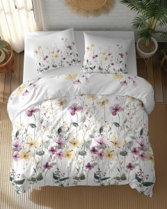 Pościel bawełniana 100% 220x200 w żółte i fioletowe kwiaty