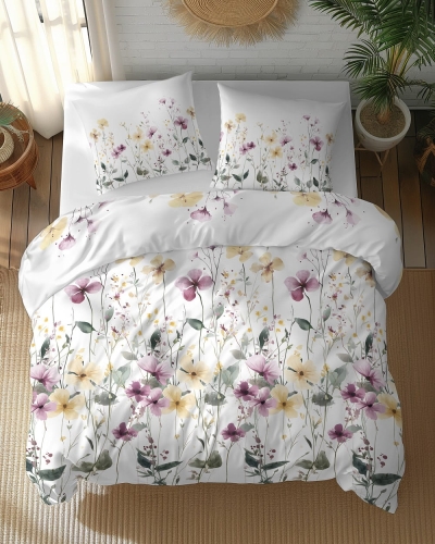 Pościel bawełniana 100% 220x200 w żółte i fioletowe kwiaty