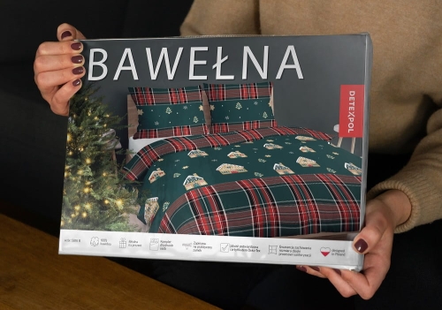 Świąteczna pościel bawełniana zielono czerwona 160x200 Piernikowe Domki