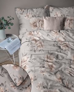 Pościel z perkalu popielata 160x200 Beżowe Kwiaty Peonii Lame Percale