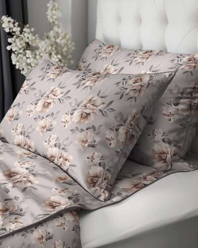 Pościel z perkalu popielata 160x200 Beżowe Kwiaty Peonii Lame Percale