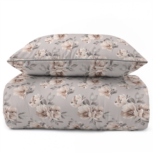 Pościel z perkalu popielata 160x200 Beżowe Kwiaty Peonii Lame Percale