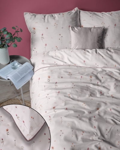 Pościel z perkalu pudrowa 220x200 Polne Kwiaty Lame Percale