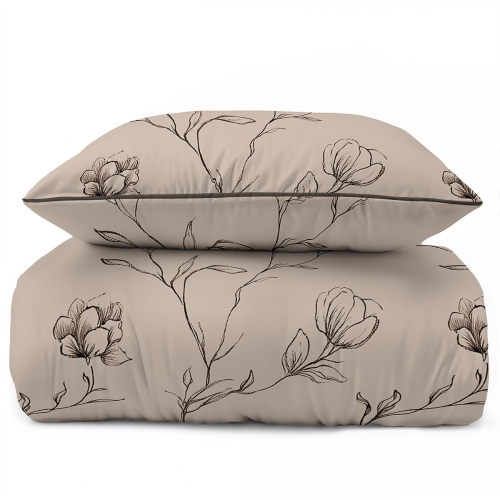Pościel z perkalu ciemno beżowa 220x200 Kwiaty Lame Percale